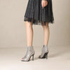 Back view of snake-print ankle boots showing zip closure detail