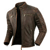 Premium men's leather biker jacket in rich brown with stand collar, crafted from durable first-layer calfskin leather.