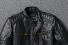 Premium men's leather biker jacket in rich brown with stand collar, crafted from durable first-layer calfskin leather.