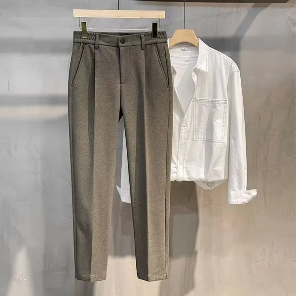 Thickened woolen pants with contemporary slim-fit styling