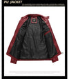 Stylish Men's PU Leather Biker Jacket in red, dark blue, and black with embroidery, perfect for winter and casual outings.