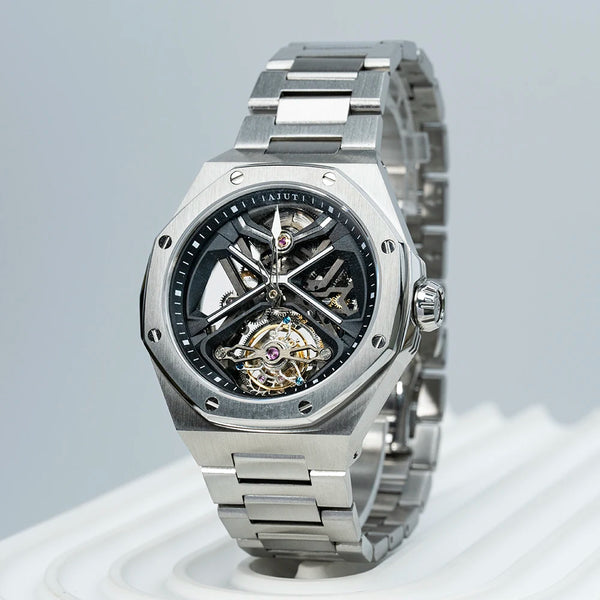 AJUT Automatic Tourbillon watch with skeleton dial and stainless steel case.