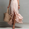 Long sleeve button-front dress with romantic ruffle high-low hem in premium fabric