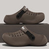 Close-up of textured EVA platform sandals showing cushioned footbed and durable construction