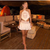 Full outfit view of white lace set with flowing wide-leg pants