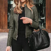 Chic slim fit faux leather moto jacket for women, perfect for autumn and winter, featuring a stylish zipper closure.