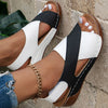 Beige peep toe wedge sandals for women with adjustable back strap and medium heel