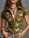 Trendy denim print shirt adorned with butterfly details and practical pocket storage
