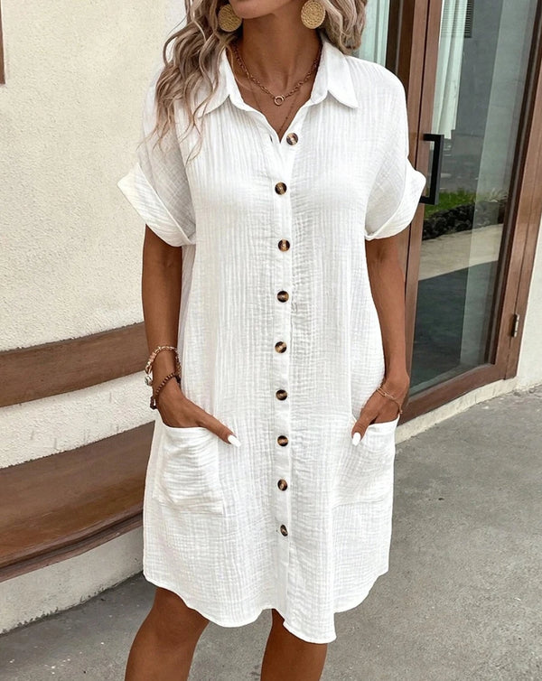 Effortless Ease Cotton Linen V-Neck Mini Dress in natural fabric blend for casual summer wear