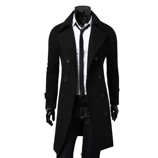 Classic double-breasted men's wool trench coat with turn-down collar, tailored fit, perfect for winter and professional wear.