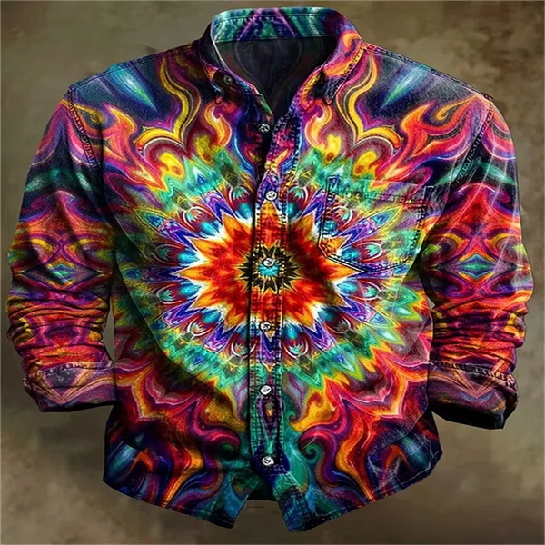 Colorful mandala print shirt featuring advanced 3D printing for enhanced depth and texture