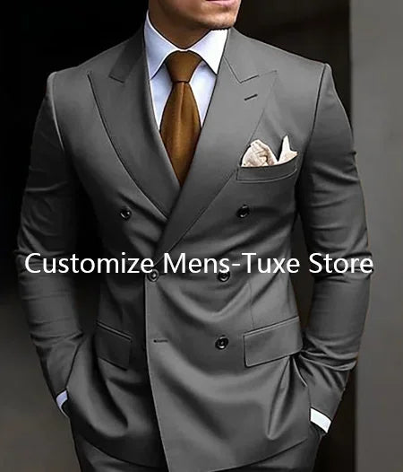 Model wearing a sleek double-breasted suit, exuding confidence at a wedding.