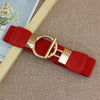 Chic elastic waist belt with round metal buckle, perfect for women’s casual and formal outfits, made of PU leather.