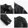 Chic women's slim leather biker jacket with zip detail, stand-up collar, and tailored fit for stylish urban looks.