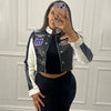 Chic PU leather Y2K motorcycle jacket for women, featuring trendy letter print and lightweight design for casual outings.