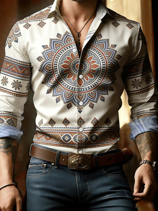 Men's silk blend shirt with unique elephant totem print in elegant white.