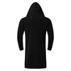 Men's hooded fleece-lined winter trench coat in black, featuring a mandarin collar and open stitch closure for easy layering.