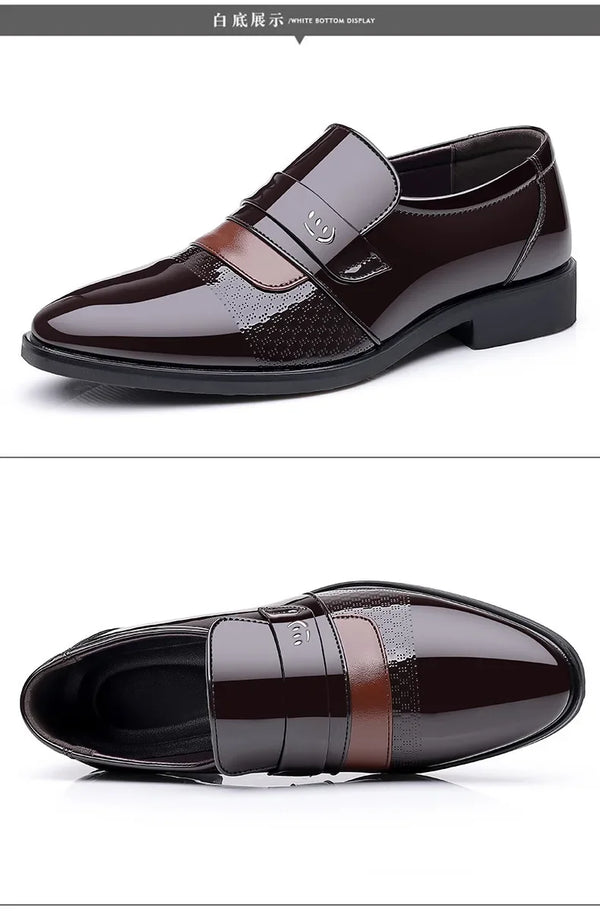 Lace-up closure of stylish black leather Oxford brogue shoes.