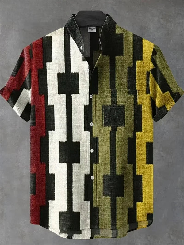 Lightweight beach shirt featuring bold geometric design on denim-look broadcloth fabric