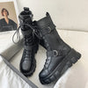 Chic mid-calf motorcycle boots for women in stylish PU leather with lace-up closure and non-slip rubber outsole for winter we