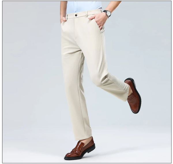 Side pocket detail on professional dress pants with clean lines and tailored finish