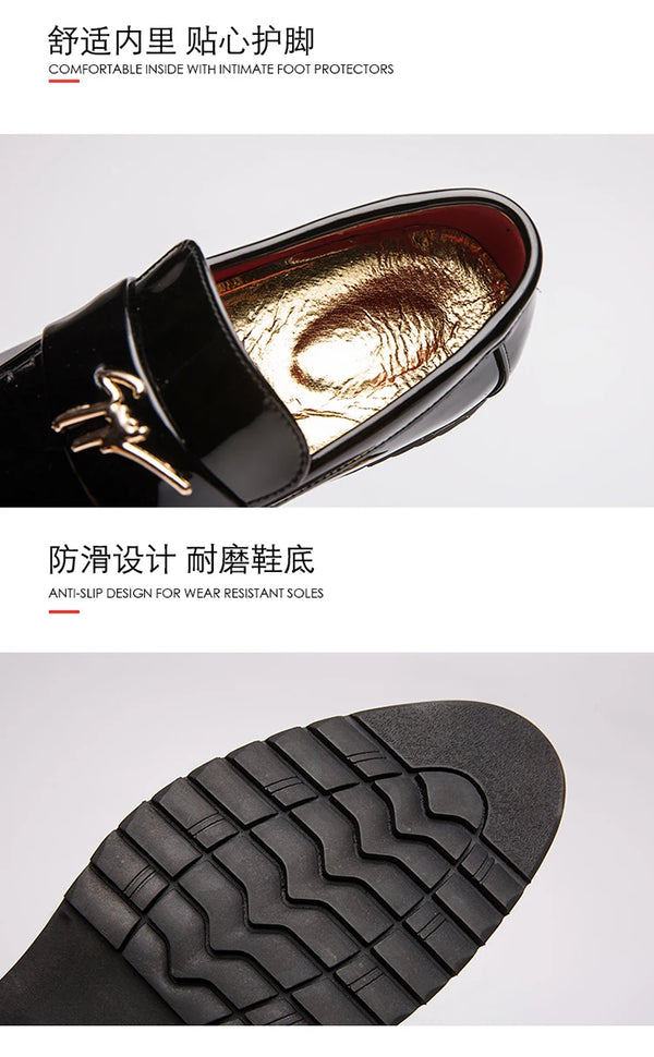 Stylish pointed toe of men's dress shoes in glossy patent leather.