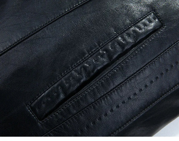 Men's leather jacket with thick wool lining for warmth.