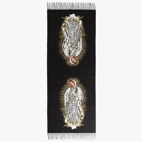 Warm polyester scarf with tassels, showcasing the beloved Virgin Mary for a touch of grace.