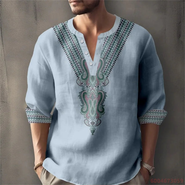 Modern geometric henley in breathable cotton-linen blend fabric