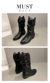 Chic Women's Mid-Calf Chelsea Boots in pleated leather, waterproof, non-slip, perfect for Winter 2024 style and comfort.