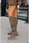 Vintage suede knee-high boots with low square heel and side zipper, perfect for autumn and winter fashion.