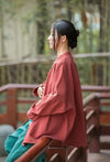 Modern cotton linen outerwear with stand collar and single-breasted closure