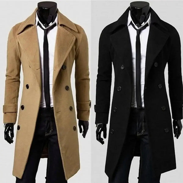 Classic double-breasted men's wool trench coat with turn-down collar, tailored fit, perfect for winter and professional wear.