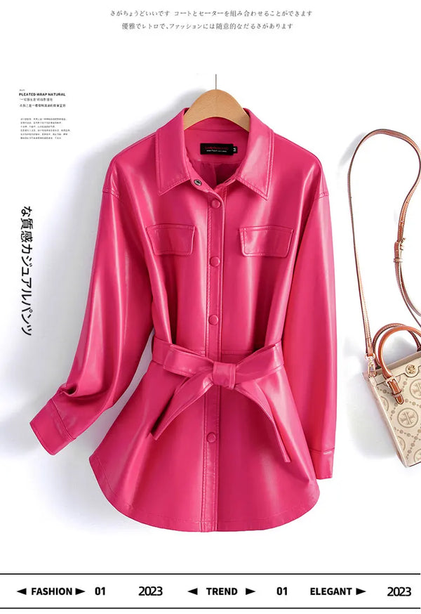 Chic women's sheepskin leather jacket with turn-down collar, lace-up belt, and adjustable waist for a stylish fit.