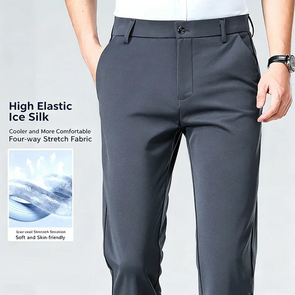 High drape business pants in charcoal creating polished look for evening engagement