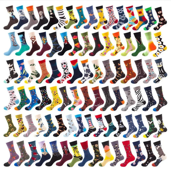 Vibrant dress socks in colorful patterns, made from cotton and spandex blend.