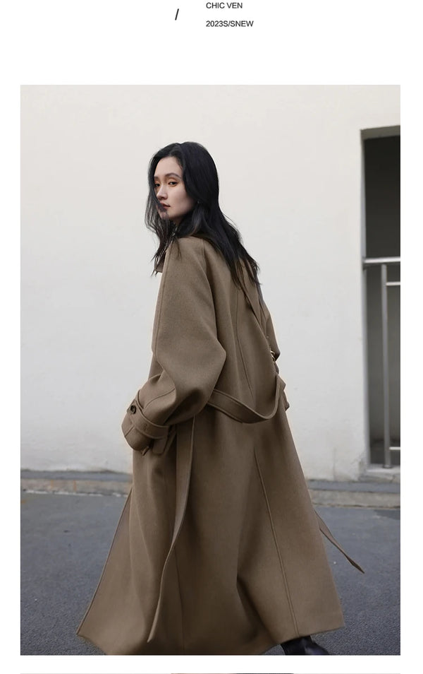 Sophisticated belted coat with warm turtleneck and luxurious wool blend