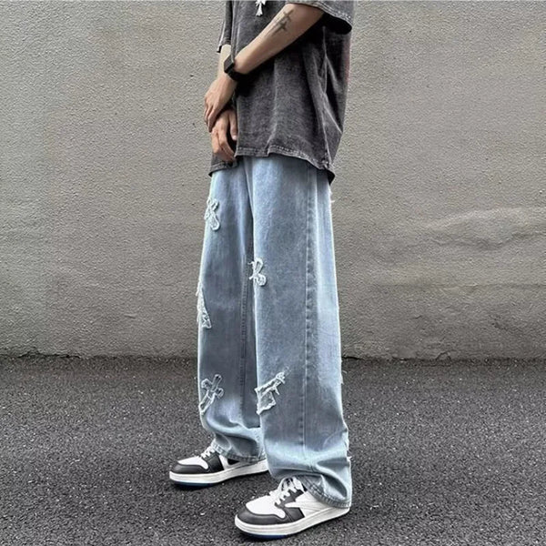 Blue wide-leg jeans for men, featuring a sturdy denim construction.