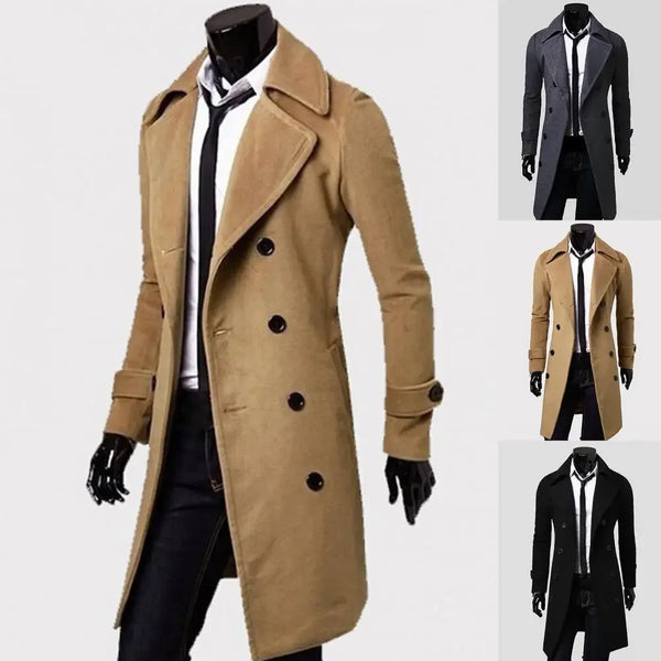Classic double-breasted men's wool trench coat in solid color, perfect for winter and stylish for both casual and professiona