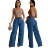 High-waist wide-leg denim jeans for women, featuring elastic waist, pockets, and Y2K streetwear style. Perfect for casual wea