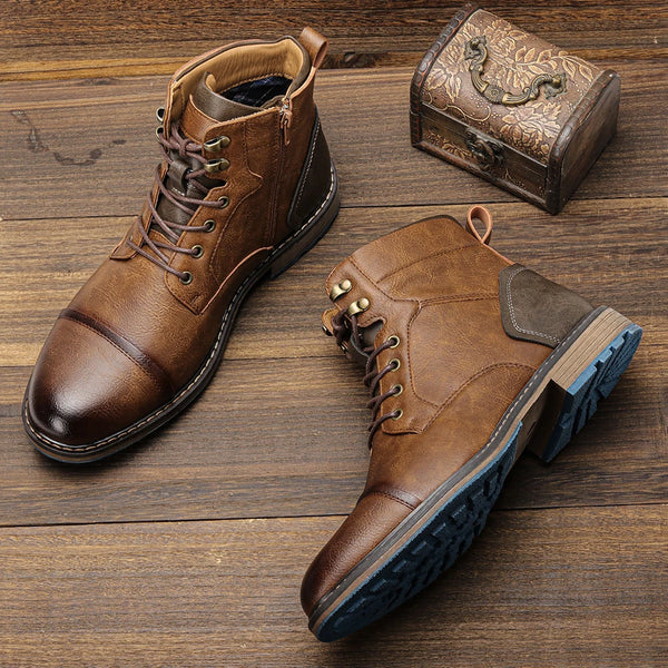 Men's brown boots with convenient zipper and comfortable canvas lining