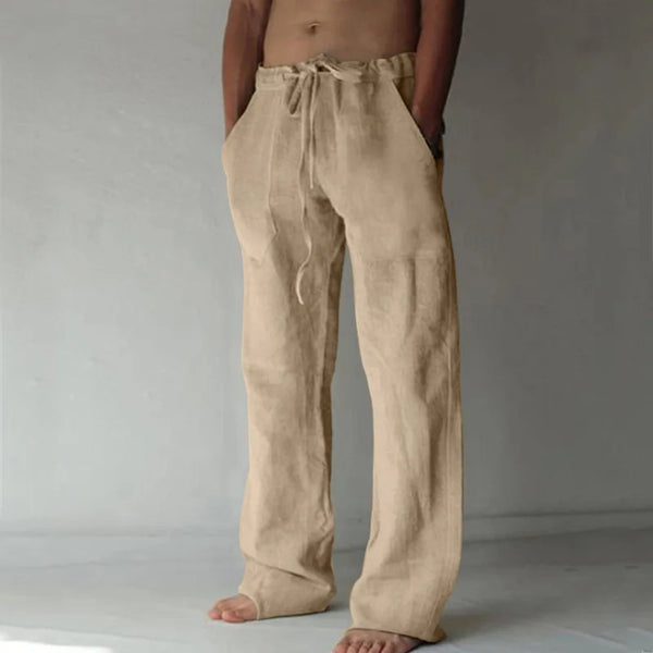 Wide-leg cotton-linen trousers perfect for yoga, casual wear, and active lifestyle