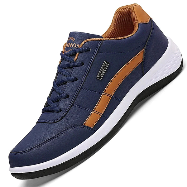Premium casual leather sneakers featuring classic striped pattern and lace-up closure
