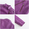 Women's slim fit PU leather motorcycle jacket in black, windproof, durable, perfect for spring and autumn riding.