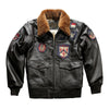 Men's Top Gun inspired leather bomber jacket in black with plush lamb wool collar.