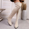 Chic over-the-knee women's winter boots with flannel upper, pointed toe, and low square heel for stylish cold weather wear.