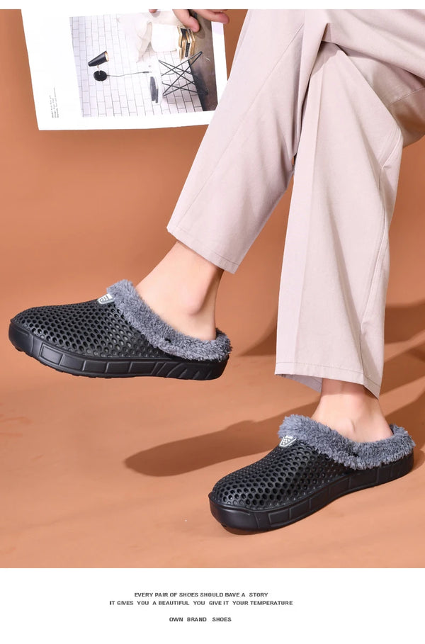 Woman slipping feet into velvet-lined clogs effortlessly