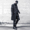 Men's black long trench coat with multi pockets, gothic punk design, zipper closure, perfect for autumn and spring streetwear