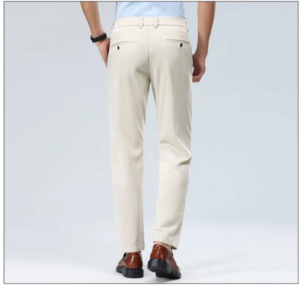 Stretch business pants allowing comfortable squatting position for active workplace movement