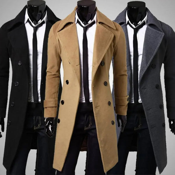 Classic double-breasted men's wool trench coat with turn-down collar, tailored fit, perfect for winter and professional wear.